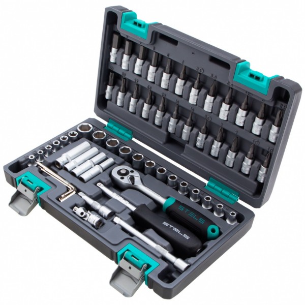 Набор инструментов, 1/4, CrV, пластиковый кейс, 57 предметов Stels 14101