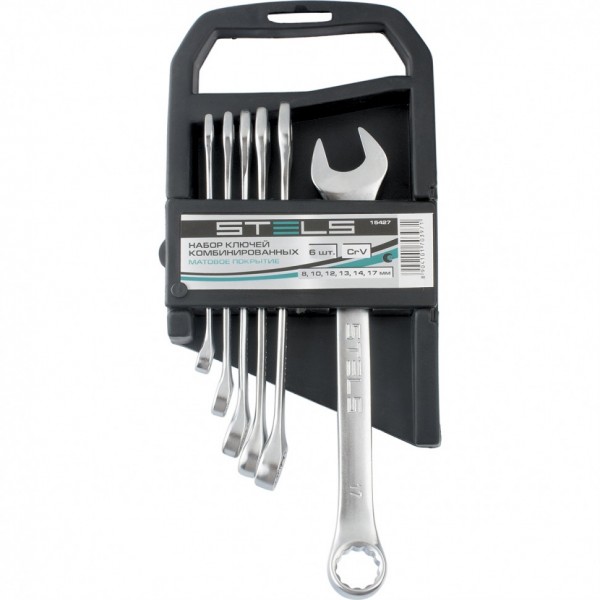 Набор ключей комбинированных, 8-17 мм, 6 шт, CrV, матовый хром Stels 15427